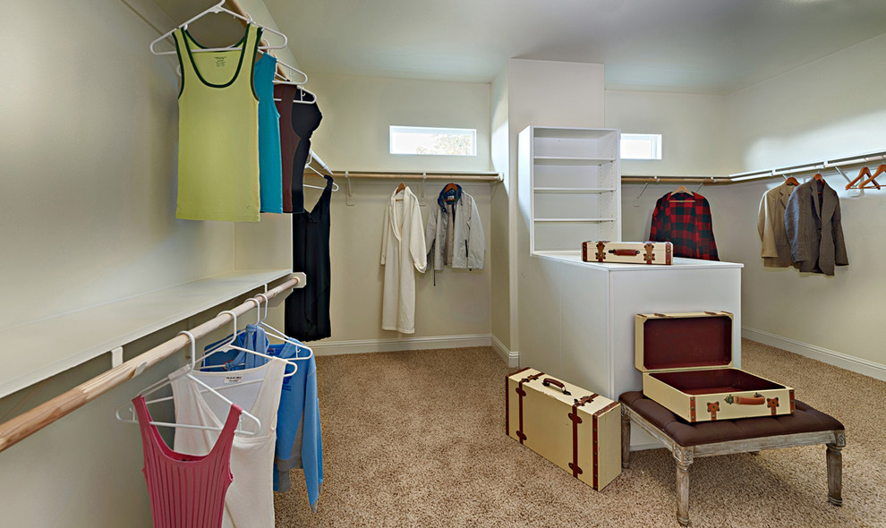 Design ideas for a large transitional gender-neutral walk-in wardrobe in San Francisco with carpet and brown floor.