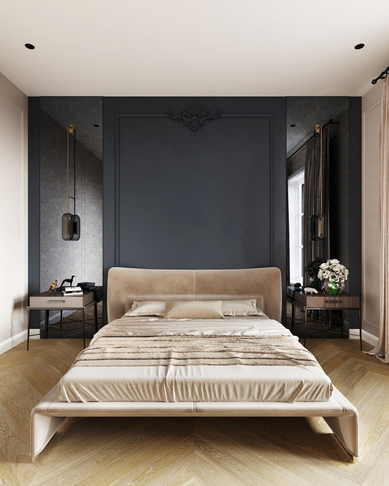 This is an example of a contemporary bedroom in Berlin with black walls, medium hardwood floors, brown floor and panelled walls.