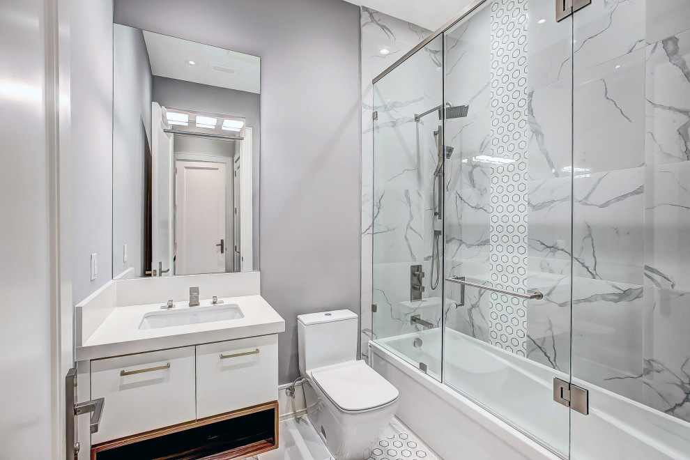 Photo of a large 3/4 bathroom in Toronto with flat-panel cabinets, white cabinets, an alcove tub, an alcove shower, a one-piece toilet, gray tile, ceramic tile, white walls, mosaic tile floors, a console sink, onyx benchtops, white floor, a hinged shower door, white benchtops, an enclosed toilet, a single vanity, a built-in vanity, recessed and panelled walls.