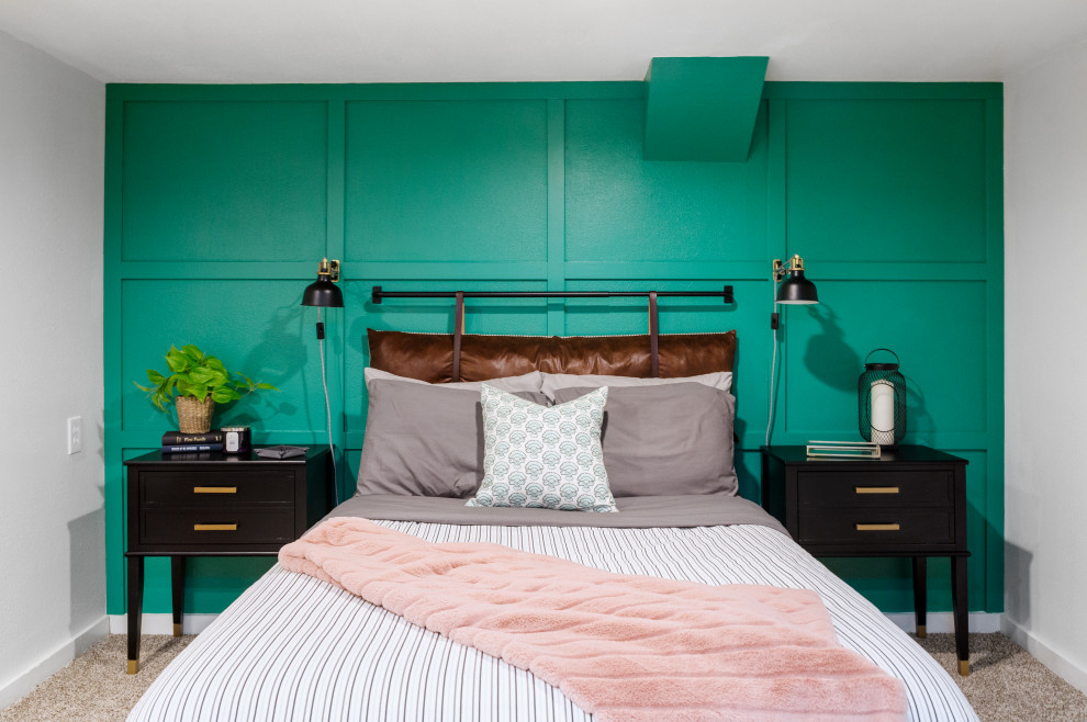 Bedroom - mid-sized contemporary guest carpeted and wall paneling bedroom idea in Denver with green walls