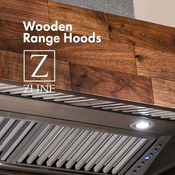 Kitchens featuring a ZLINE Wooden Wall Range Hood