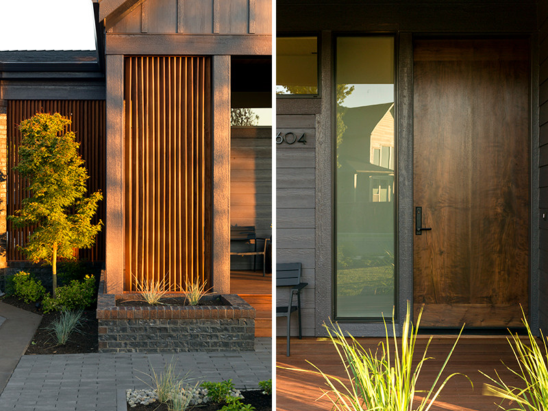 Design ideas for a modern one-storey brick black exterior in Portland.