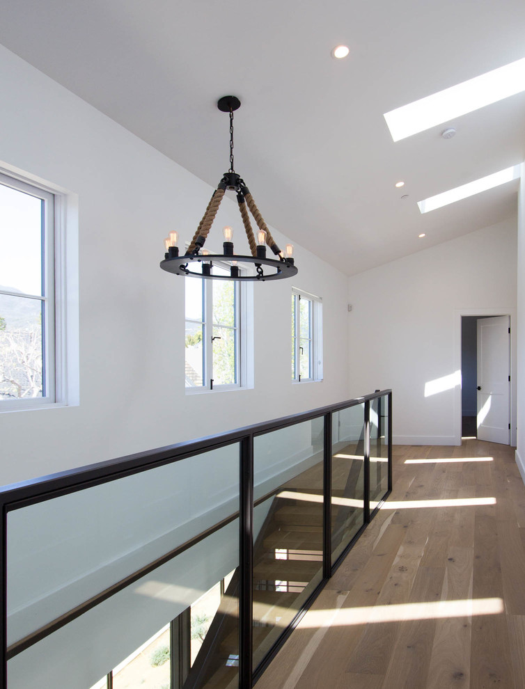 Inspiration for a large contemporary hallway in Los Angeles with white walls and light hardwood floors.