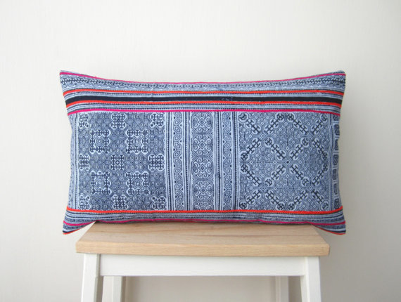 Hand-Block-Printed and Embroidered Hmong Cushion Cover by From Pas to Present