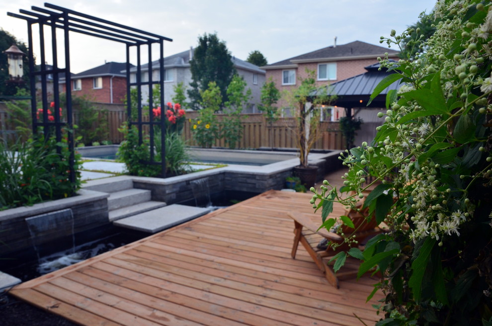 Design ideas for a mid-sized modern backyard deck in Toronto with a water feature and a pergola.