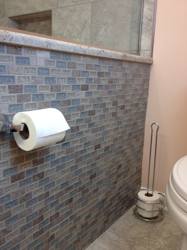 Mid-sized transitional kids' gray tile and porcelain tile porcelain tile alcove bathtub photo with an undermount sink, raised-panel cabinets, white cabinets, granite countertops and orange walls