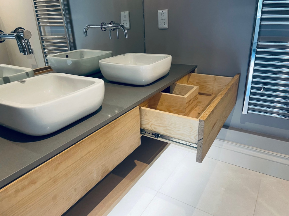 Bespoke oak bathroom furniture with quartz top