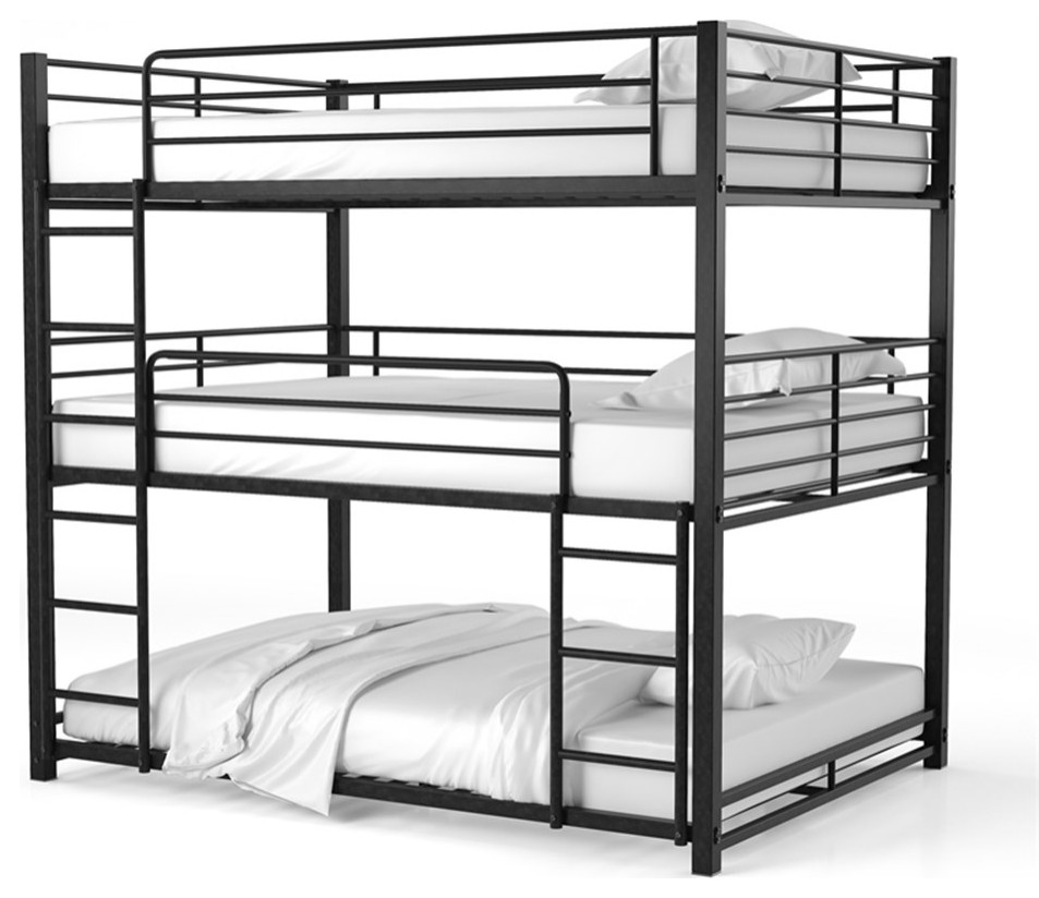 Pemberly Row Modern Metal Full Triple Bunk Bed in Sand Black Transitional Bunk Beds by