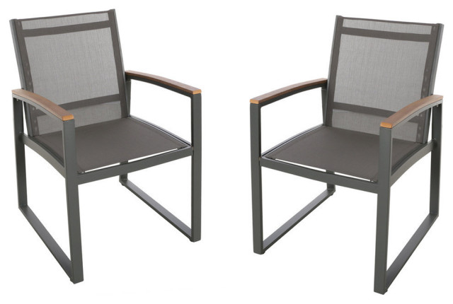 Aubrey Outdoor Aluminum Dining Chairs with Faux Wood Accents, Gray, Set of 2