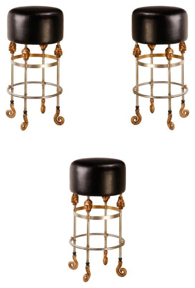 Home Square 31" Tall Leather and Steel Bar Stool in Gold & Black Set