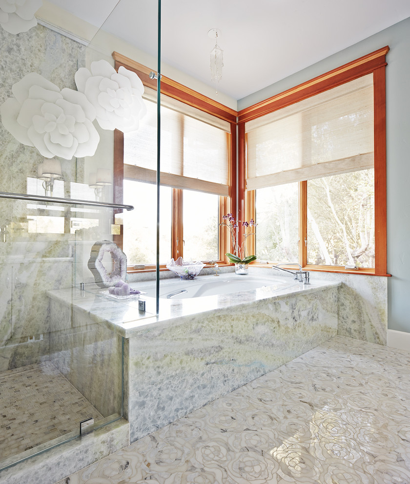 Inspiration for a mid-sized contemporary master bathroom in San Francisco with a console sink, glass benchtops, a corner tub, an open shower, multi-coloured tile and mosaic tile floors.