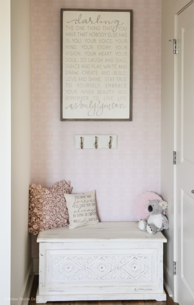 Inspiration for a mid-sized traditional kids' bedroom for kids 4-10 years old and girls in Calgary with white walls and medium hardwood floors.