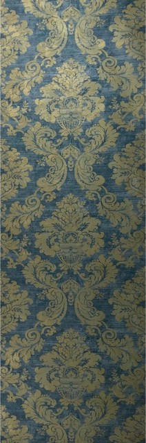 Wallpaper Blue Gold Metallic rustic Damask plaster Textured, 21 Inc X ...