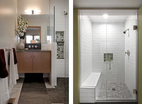 Medium sized contemporary shower room bathroom in Seattle with a submerged sink, flat-panel cabinets, light wood cabinets, recycled glass worktops, a corner shower, a one-piece toilet, white tiles, porcelain tiles, white walls and porcelain flooring.