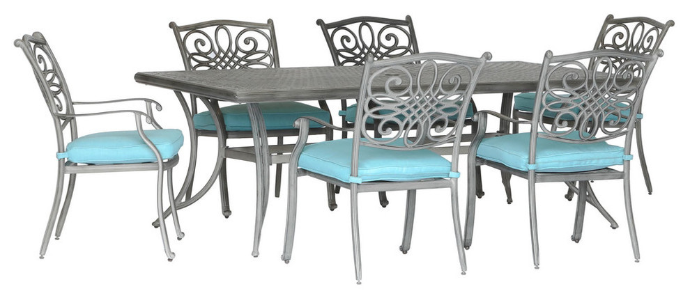 Traditions 7-Piece Dining Set, Blue With Stationary Chairs, 38"x72" Table, Gray
