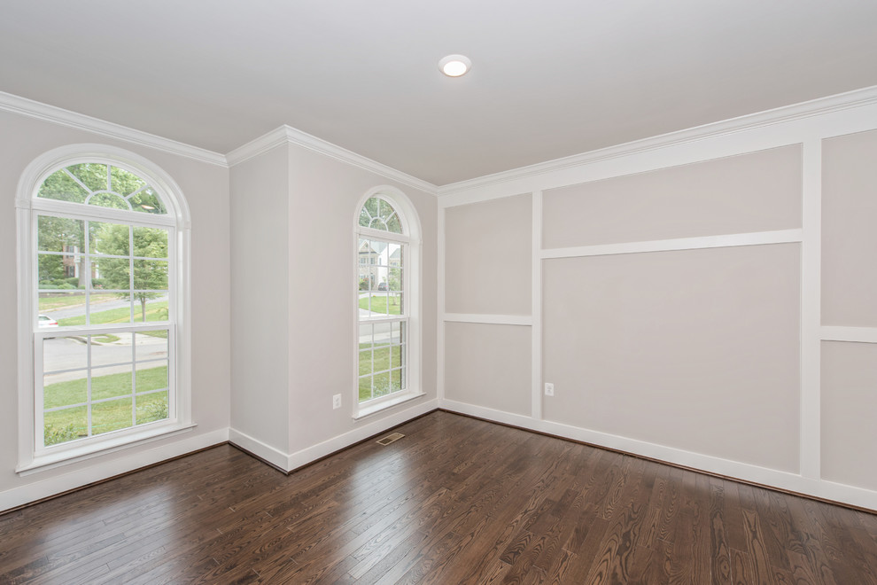 Large transitional formal and open concept dark wood floor living room photo in DC Metro with gray walls