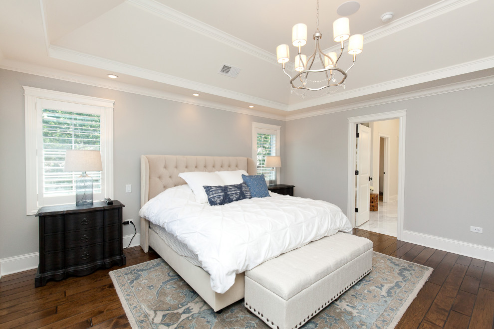 Bedroom - modern master dark wood floor, brown floor and tray ceiling bedroom idea in Chicago with gray walls