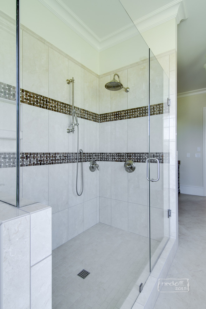 Design ideas for a large transitional master bathroom in Charlotte with raised-panel cabinets, dark wood cabinets, a drop-in tub, an open shower, a two-piece toilet, beige tile, porcelain tile, yellow walls, porcelain floors, an undermount sink and granite benchtops.