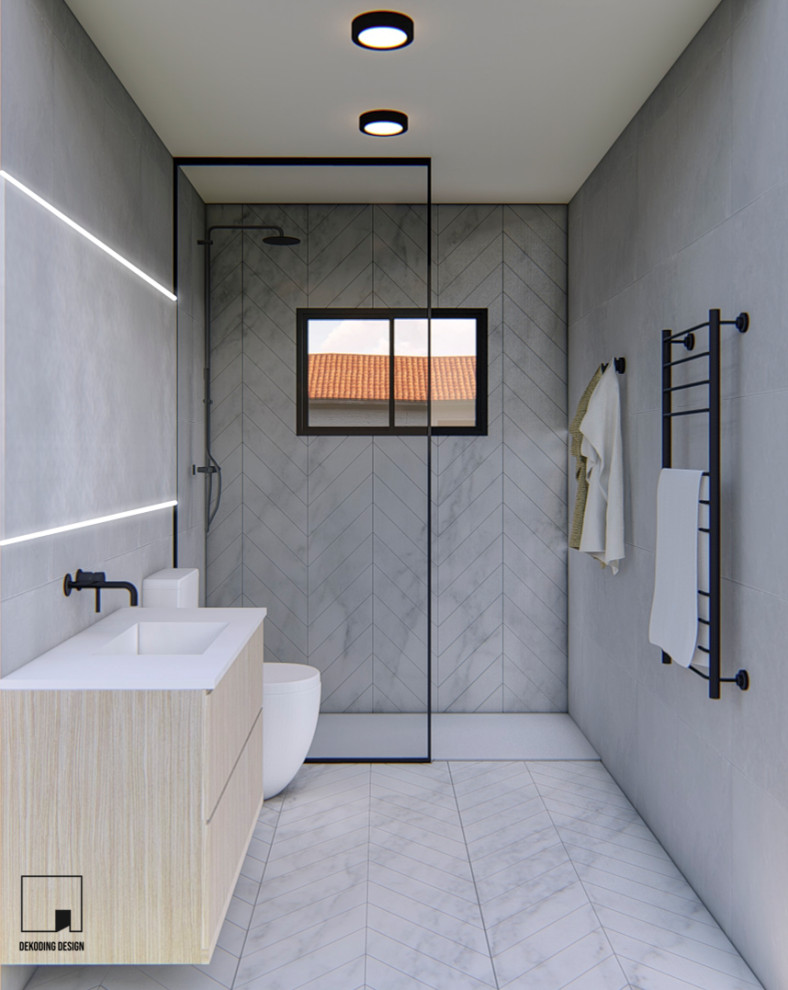 This is an example of a small modern master bathroom in Other with furniture-like cabinets, light wood cabinets, a curbless shower, gray tile, porcelain tile, white benchtops, a single vanity and a floating vanity.