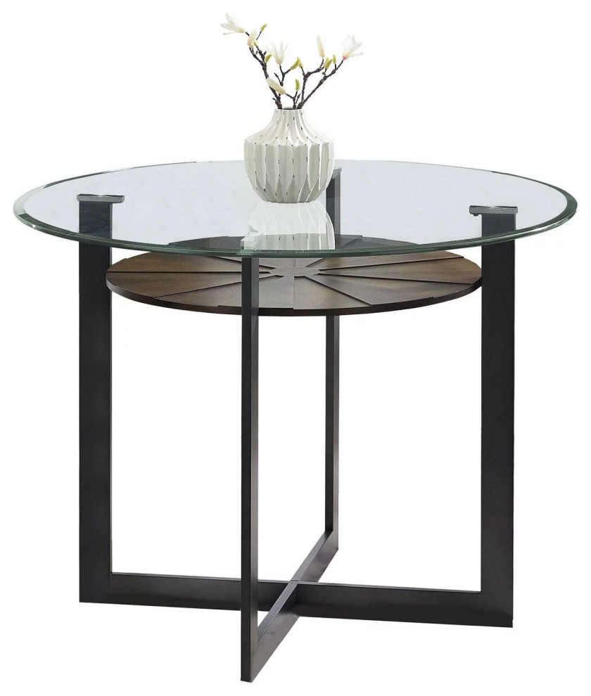 Modern Counter Dining Table, Black Metal Legs & Round Clear Tempered