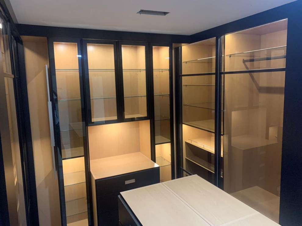 Large modern walk-in wardrobe in DC Metro with glass-front cabinets and black cabinets.