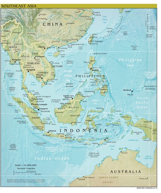 Southeast Asia Map, Physical, Peel & Stick Removable Wall Decal