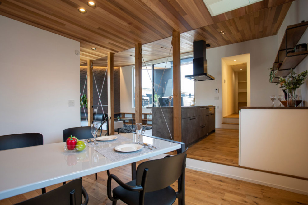This is an example of a modern open plan dining in Other with white walls, medium hardwood floors, beige floor and wood.