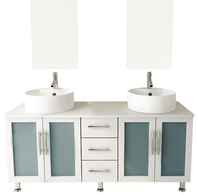 59" Double Lune White Large Vessel Sink Contemporary Bathroom Vanity Cabinet Set