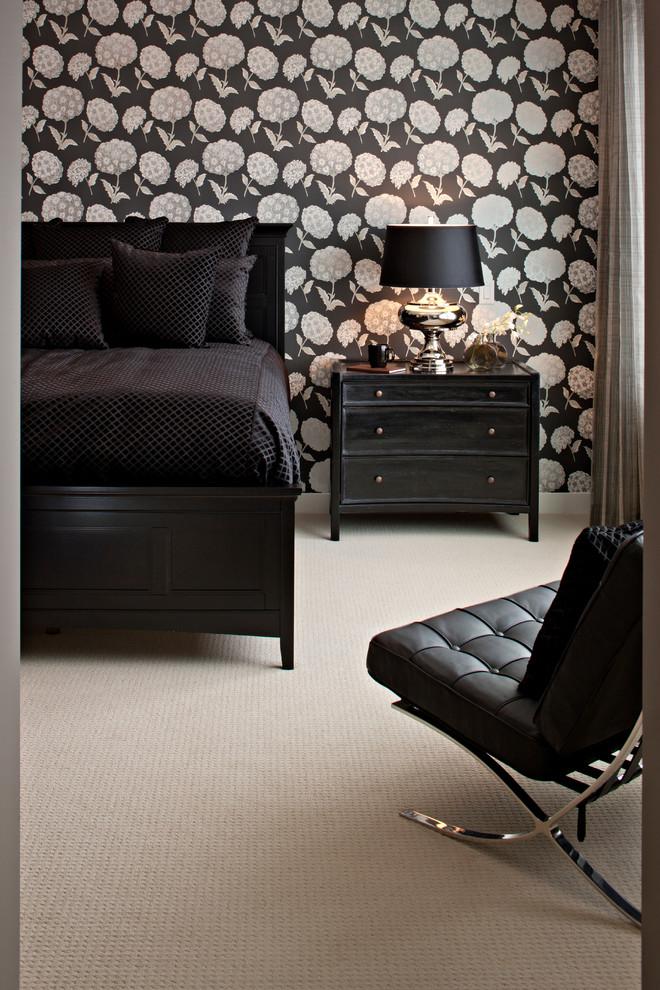 Traditional bedroom in Calgary with black walls.