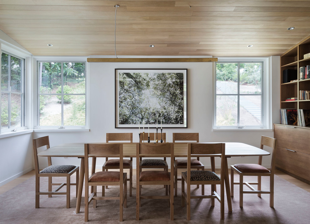 This is an example of a contemporary dining room in Boston with white walls, medium hardwood floors and brown floor.