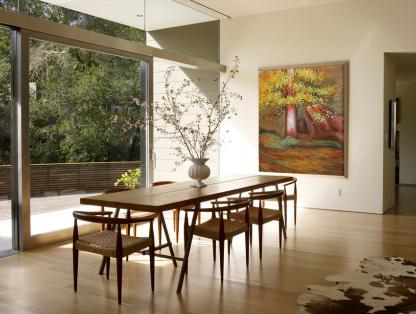 This is an example of a mid-sized modern dining room in San Diego with plywood floors.