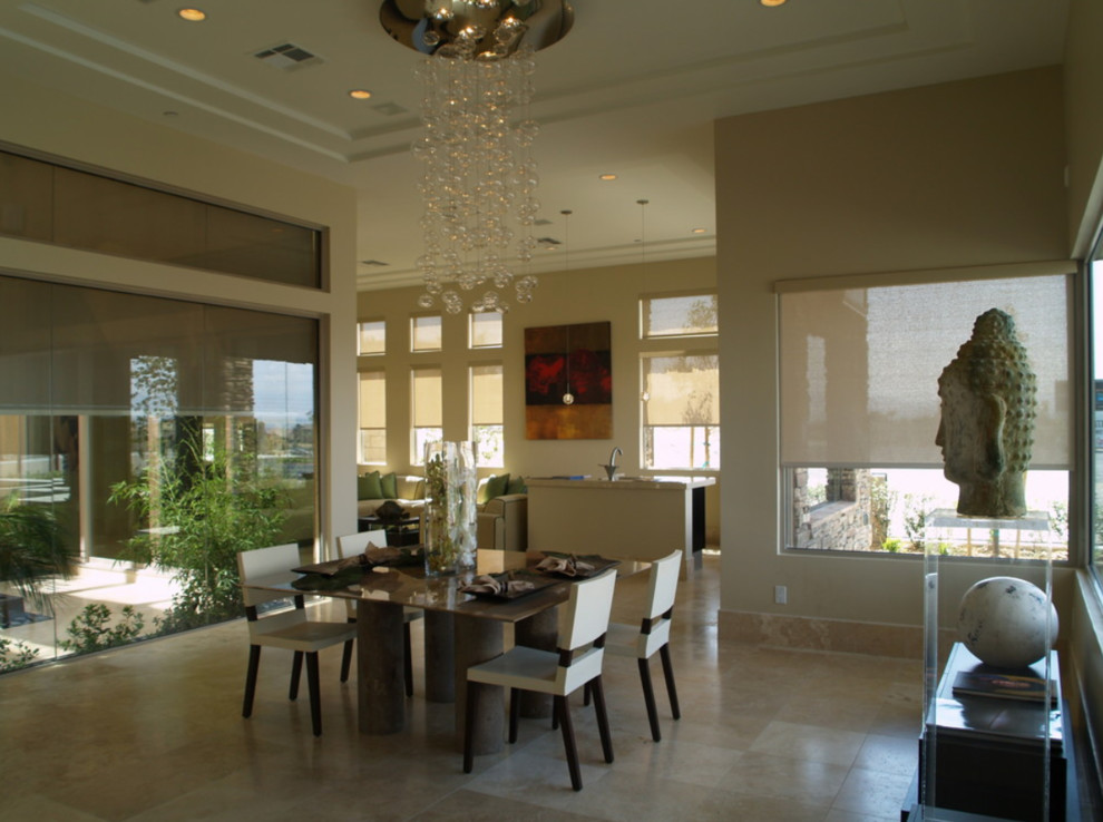 Enclosed dining room - large contemporary porcelain tile and beige floor enclosed dining room idea in San Diego with beige walls and no fireplace