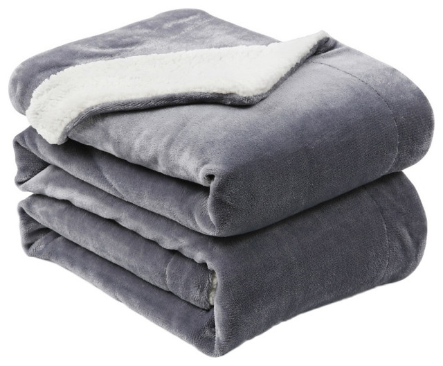 Modern Sherpa Twin Blanket 60"x80" 100 Polyester, Warm Bedding Cover Grey Transitional