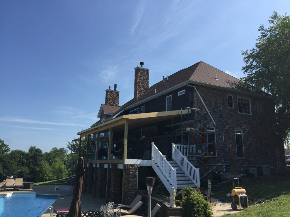 Exterior Stone Work, New Deck Roof, Stained Pine Deck Ceiling, New Deck