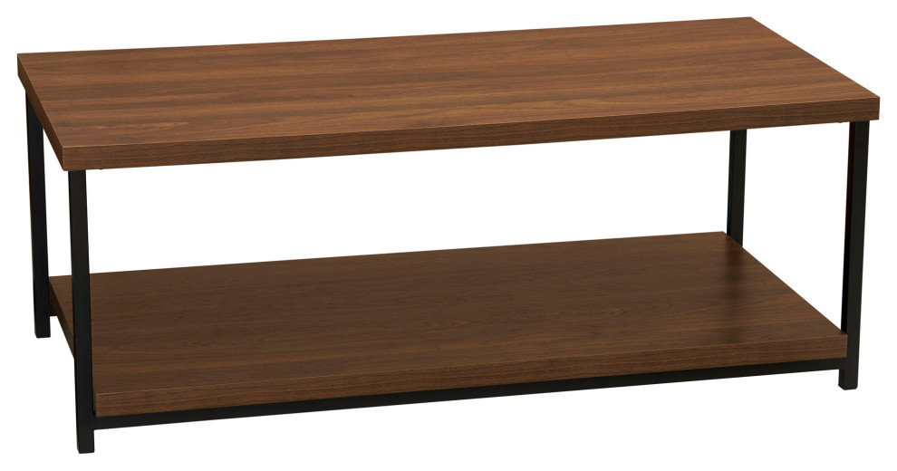 Rectangular Coffee Table, Storage Shelf Mid Century Walnut, Black Metal
