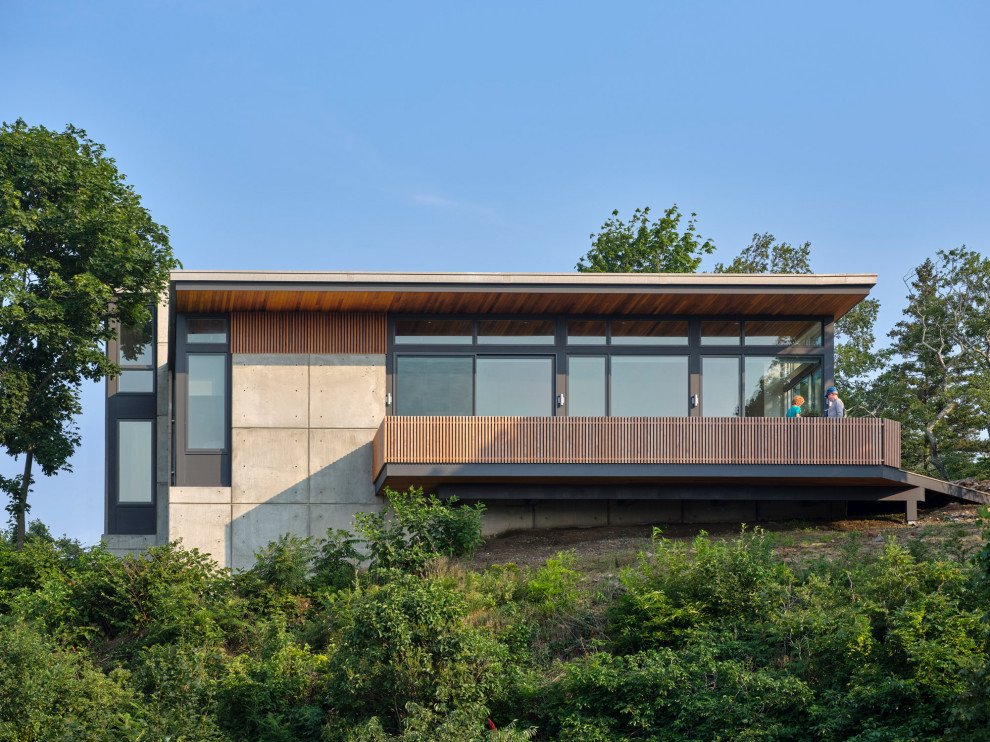 Свежая идея для дизайна: двухэтажный, серый частный загородный дом в стиле ретро с плоской крышей - отличное фото интерьера
