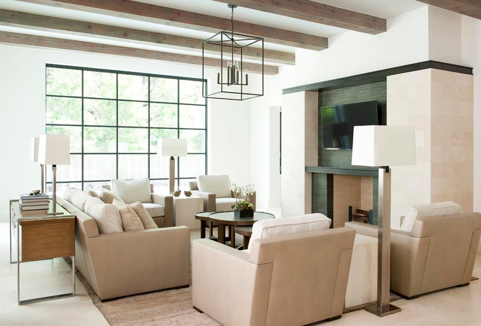This is an example of a contemporary open concept living room in Dallas with white walls, a standard fireplace, a stone fireplace surround and a wall-mounted tv.
