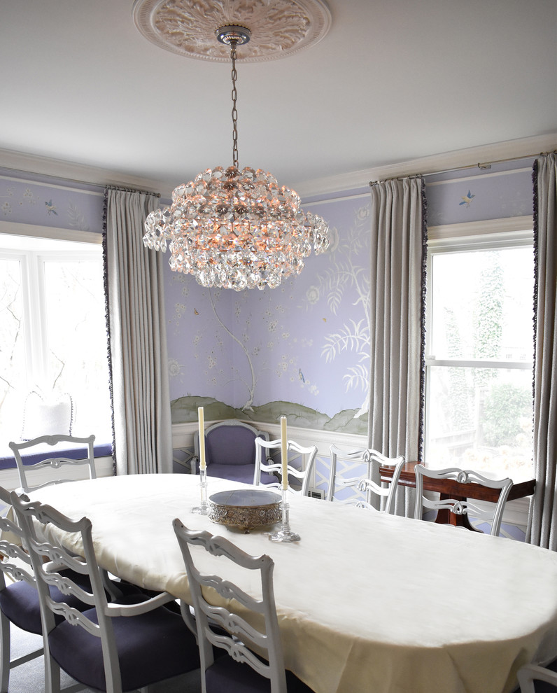 Large traditional separate dining room in DC Metro with purple walls, carpet and grey floor.