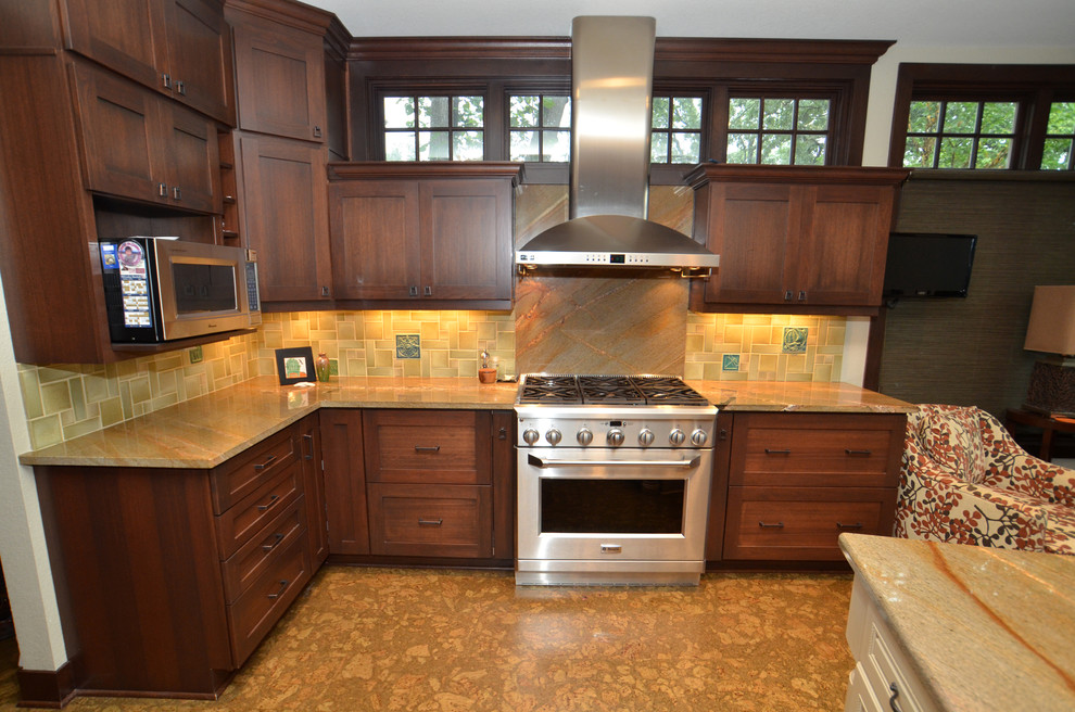Huge transitional cork floor eat-in kitchen photo in Milwaukee with a farmhouse sink, flat-panel cabinets, medium tone wood cabinets, granite countertops, stone tile backsplash, stainless steel appliances and an island