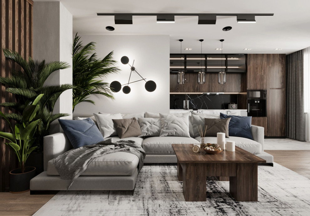 Гостиная и коридор в холодных деревянных тонах