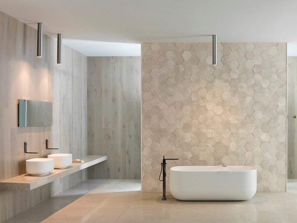 Inspiration for a large 3/4 bathroom in Adelaide with light wood cabinets, a freestanding tub, beige tile, porcelain tile, beige walls, porcelain floors, a console sink, engineered quartz benchtops and an open shower.