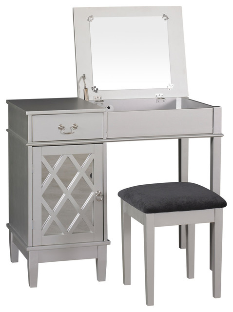 Lattice Vanity Set, 36W X 18D X 30H, Silver - Transitional - Bedroom