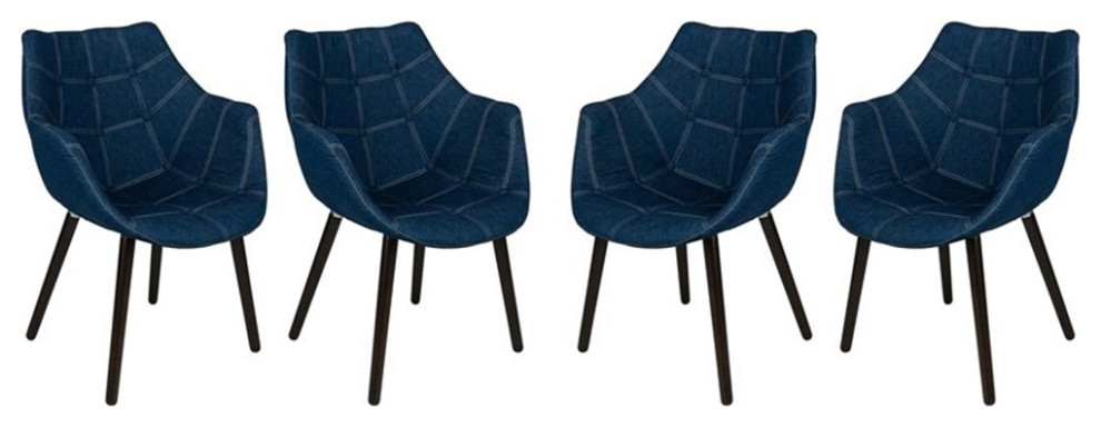 LeisureMod Mid-Century Milburn Tufted Denim Accent Arm Chair in Blue Set of 4