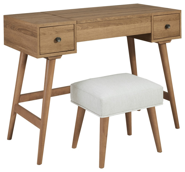 Thadamere Light Brown Vanity With Stool Midcentury Bedroom & Makeup