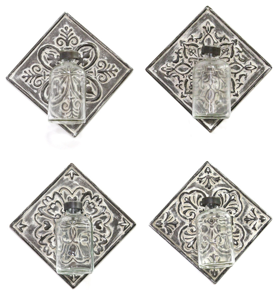 HomeRoots Set of 4 Hanging Glass Vase on Tile Wall Decor French Country Vases by