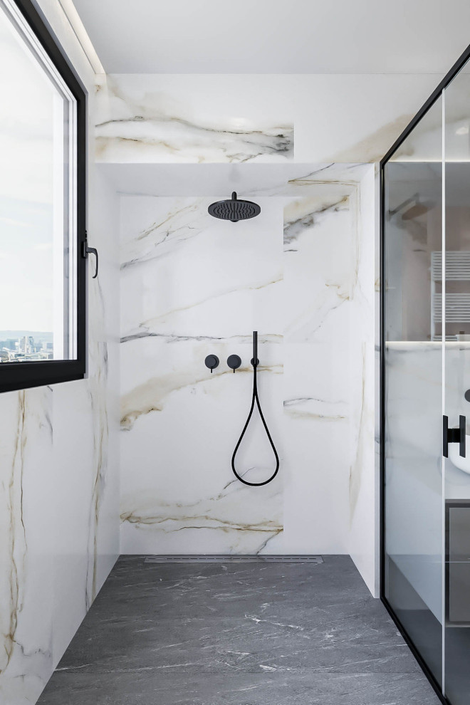 Design ideas for a mid-sized modern wet room bathroom in Valencia with open cabinets, white cabinets, a wall-mount toilet, multi-coloured tile, porcelain tile, multi-coloured walls, porcelain floors, a vessel sink, grey floor, a sliding shower screen, grey benchtops, a double vanity and a floating vanity.