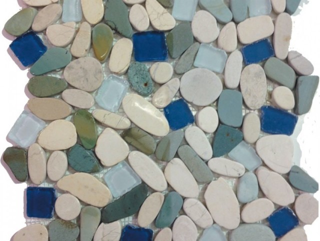 Sea Glass Tile  And Pebbles Indah  Shaved Mosaic Blend 