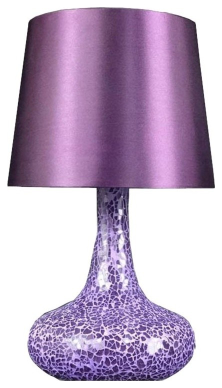 Simple Designs Mosaic Tiled Glass Genie Table Lamp With Fabric Shade, Purple