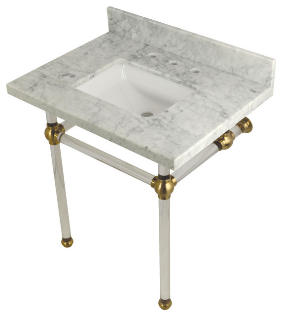 30X22 Marble Vanity Top w/Acrylic Console Legs, Carrara Marble/Brushed Brass