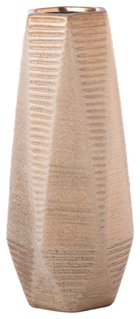 Round Ceramic Vase with Brushed and Triangular Design Gloss Gold Finish - Transitional - Vases ...
